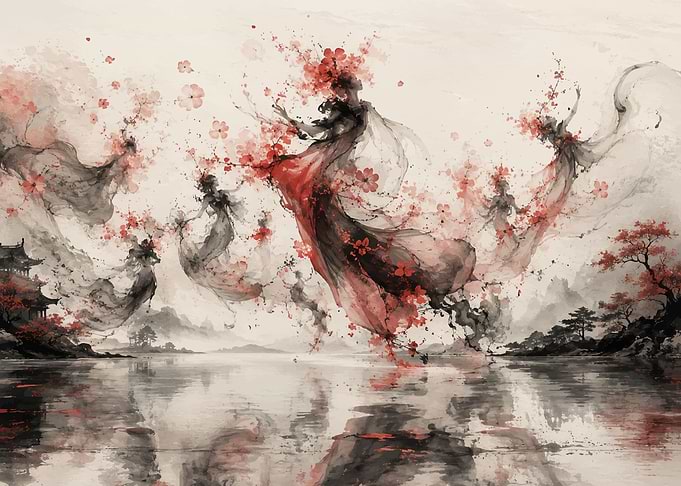 Ethereal Spirits Dancing Amidst Cherry Blossoms