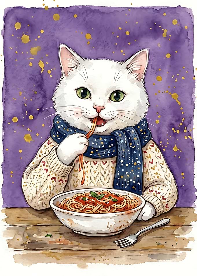 Cute White Cat Eating Spaghetti