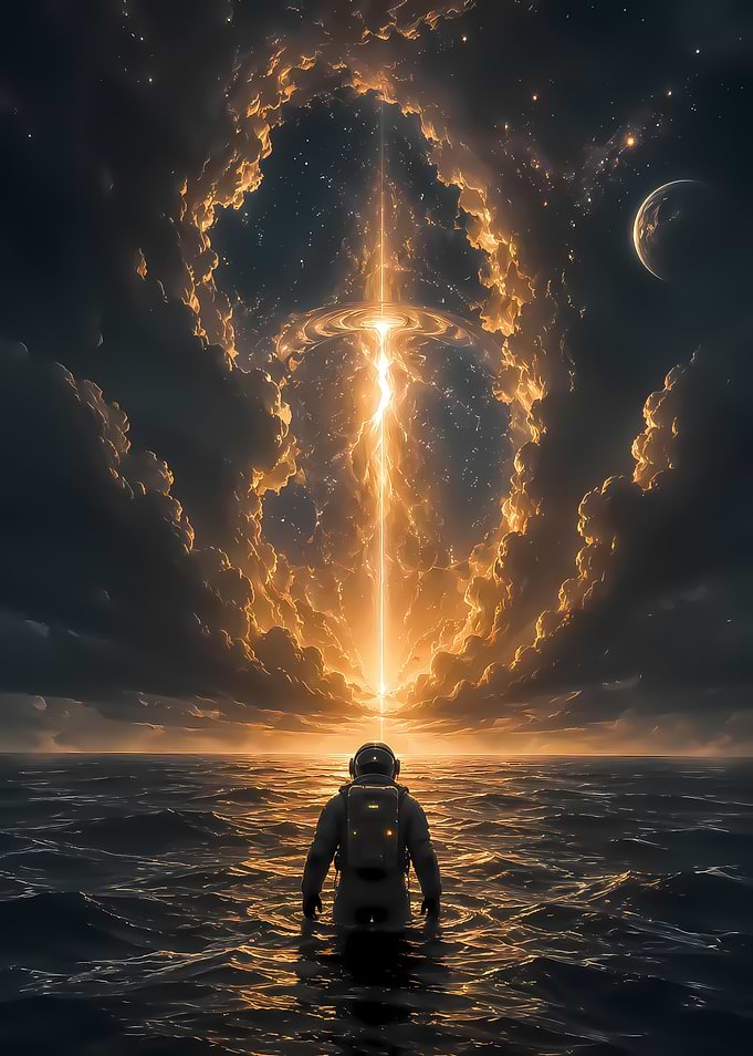 Astronaut Standing in Ocean Under Portal