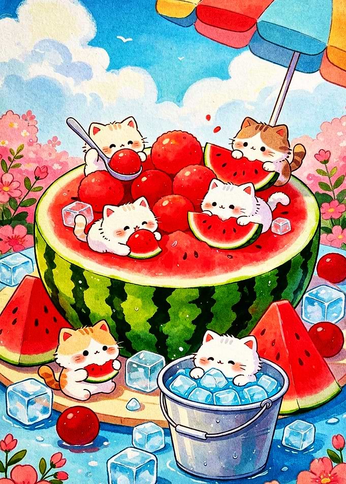 Cute Kittens Eating Watermelon Summer Scene