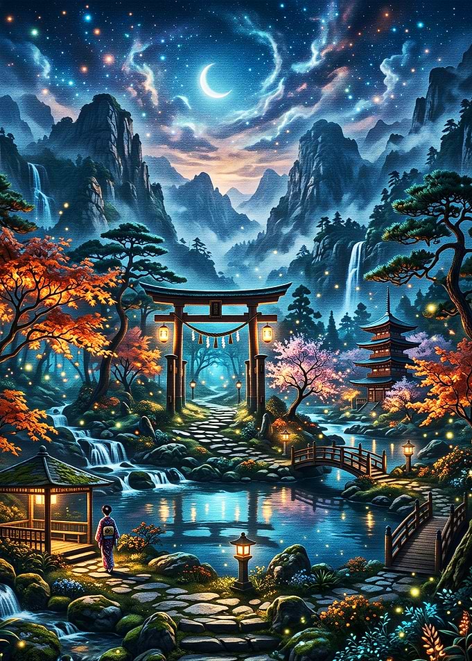 Enchanted Japanese Garden Under Moonlight