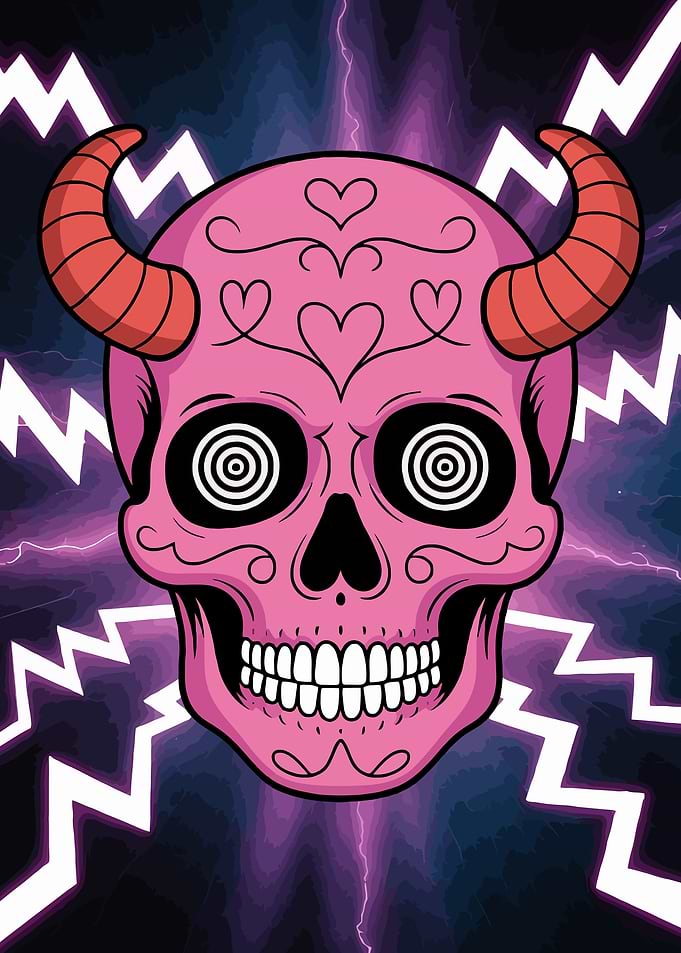 Pink Horned Skull with Hypnotic Eyes