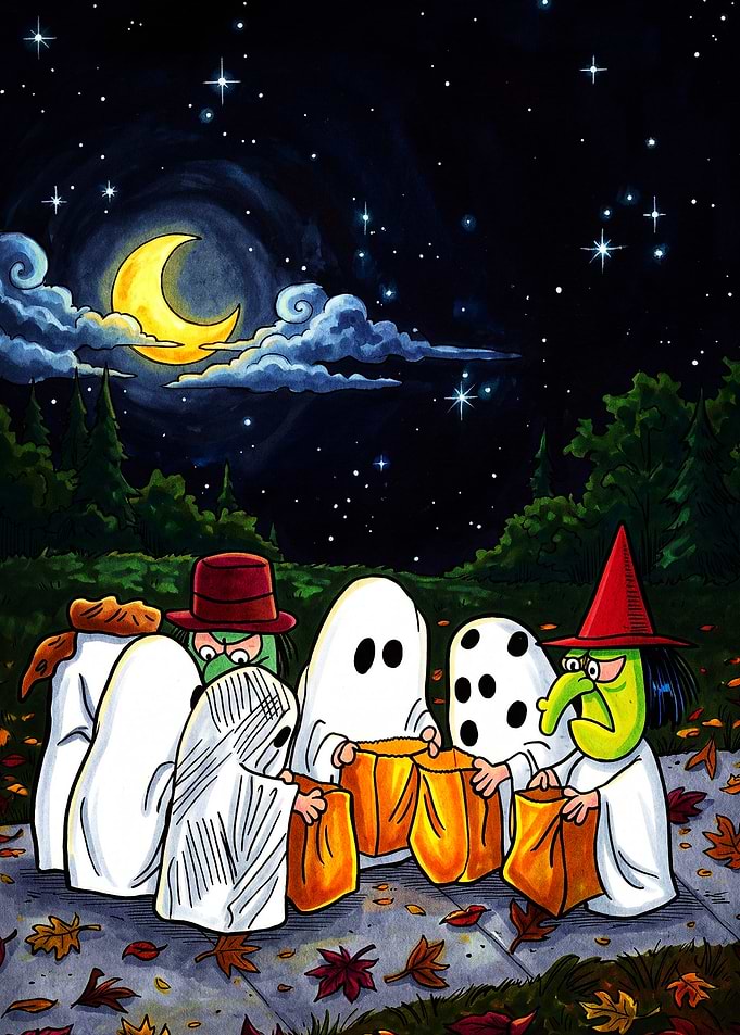 Children Trick-or-Treating Under Moonlight