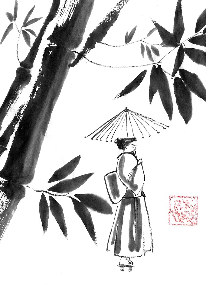 Sumi-e Ink Painting of Geisha