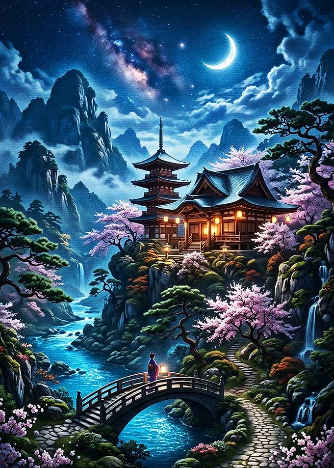 Serene Japanese Temple Under Moonlight