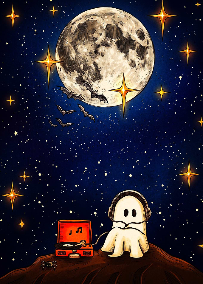 Ghost Listening to Music Under Moon