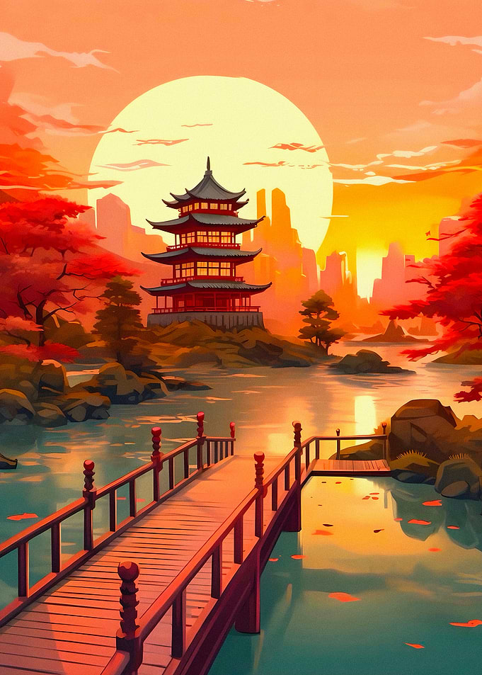 Pagoda at Sunset Over Water