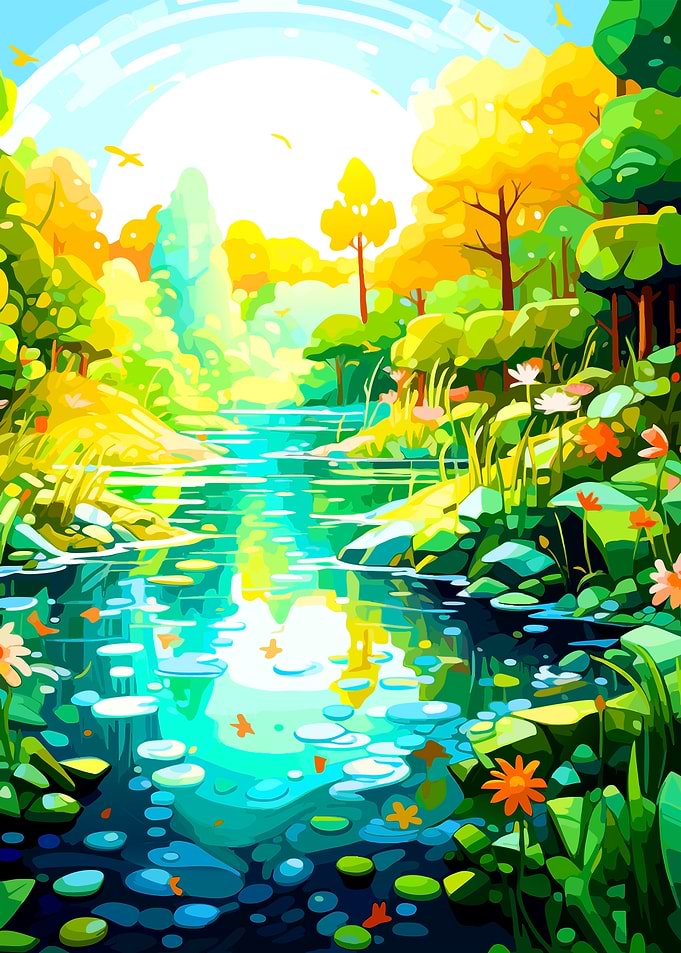 Vibrant Sunlit Forest Stream Illustration