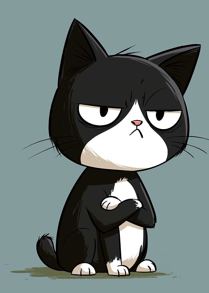Grumpy Tuxedo Cat Cartoon Illustration