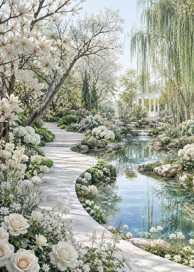Serene White Garden with Pond
