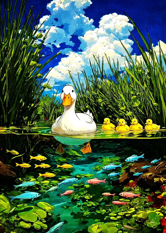 Duck Family Swimming in Pond