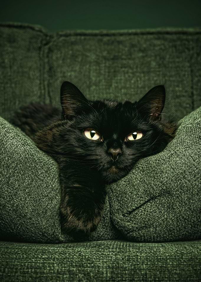 Black Cat Resting on Green Sofa