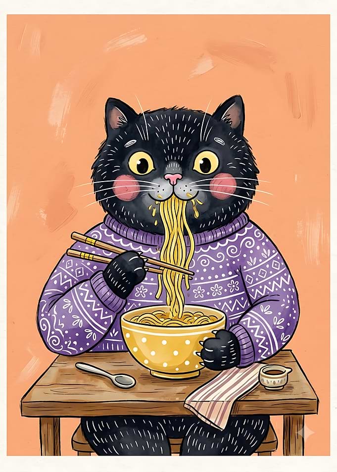 Cute Black Cat Eating Ramen
