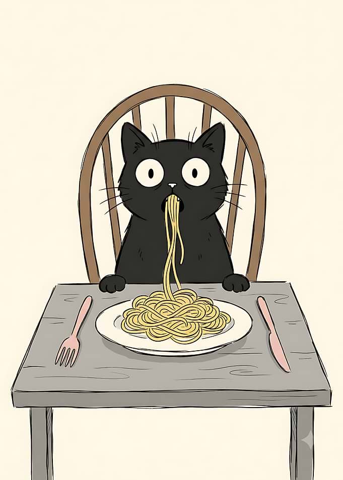 Black Cat Eating Spaghetti