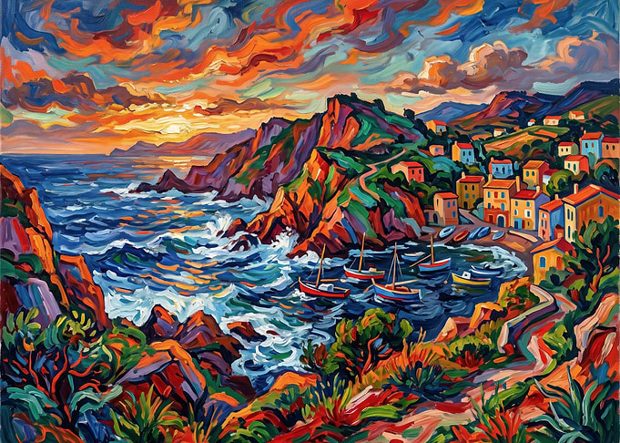 Vibrant Coastal Village Sunset Painting