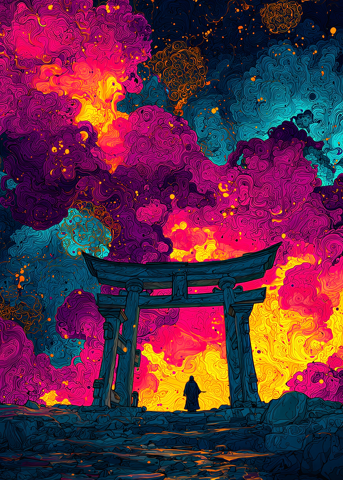 Japanese Torii Gate Under Colorful Psychedelic Clouds