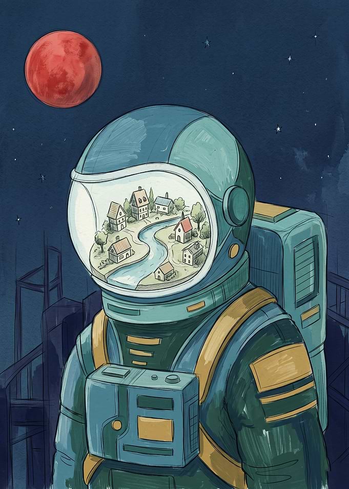 Astronaut with a Village Inside Helmet