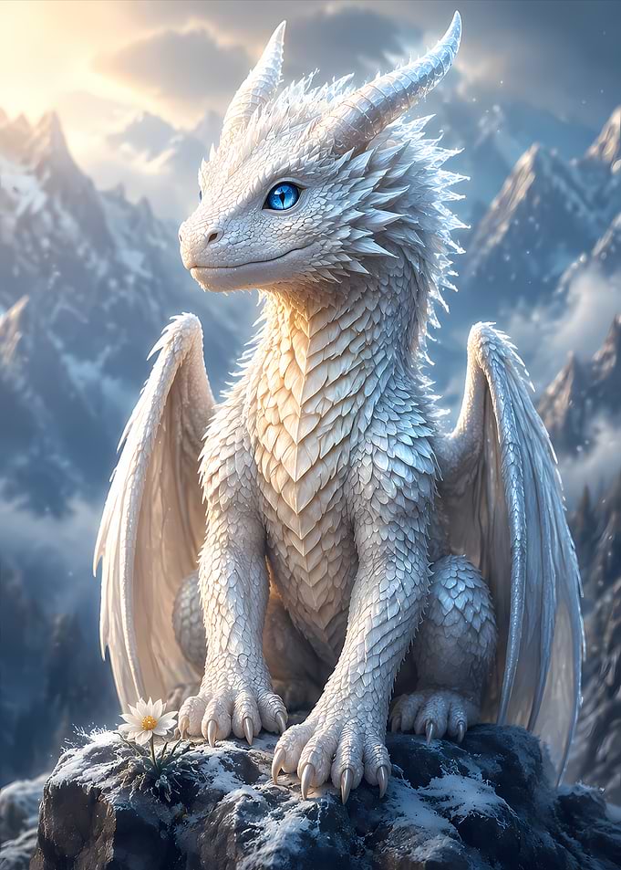 Majestic White Dragon in Snowy Mountains