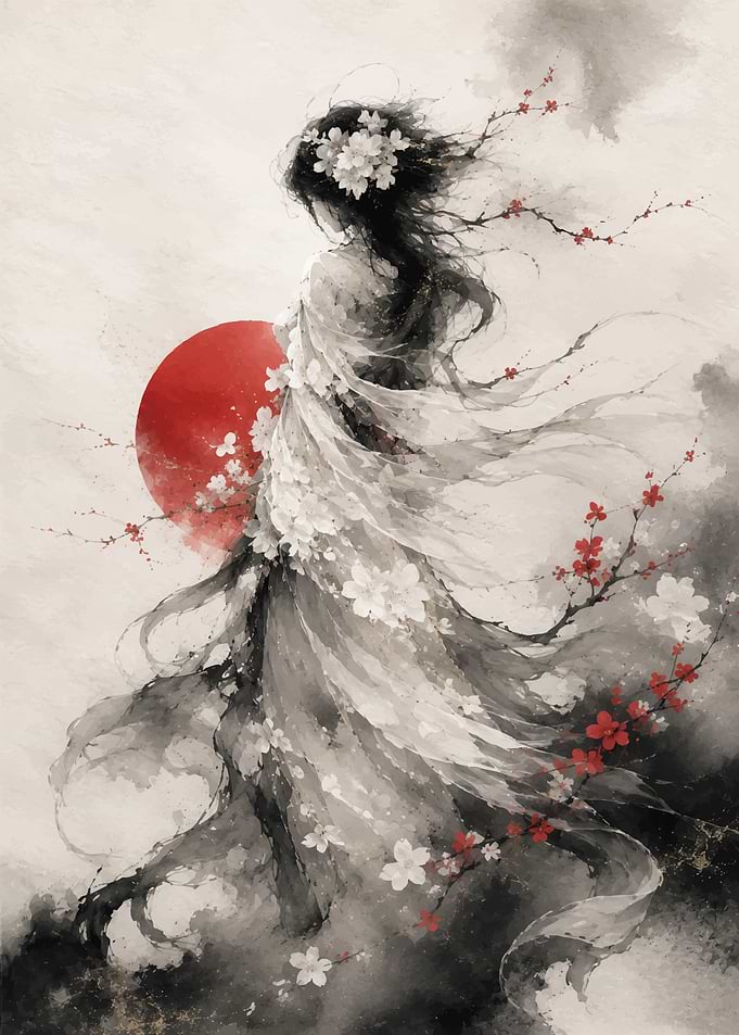 Ethereal Woman with Cherry Blossoms