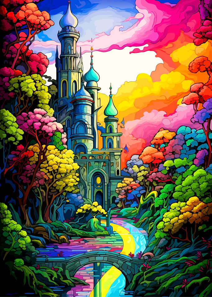 Vibrant Fantasy Castle in Enchanted Forest