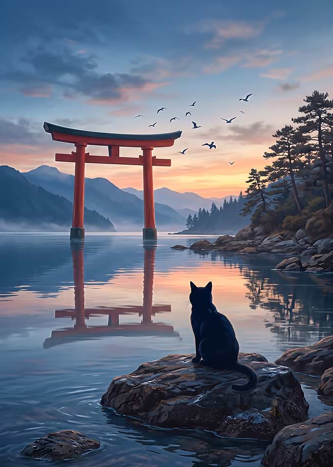 Black Cat Watching Torii Gate in Silent Lake