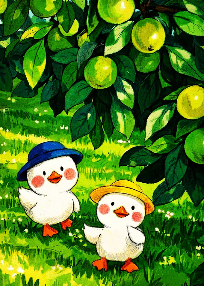 Two Cute Ducks in an Orchard