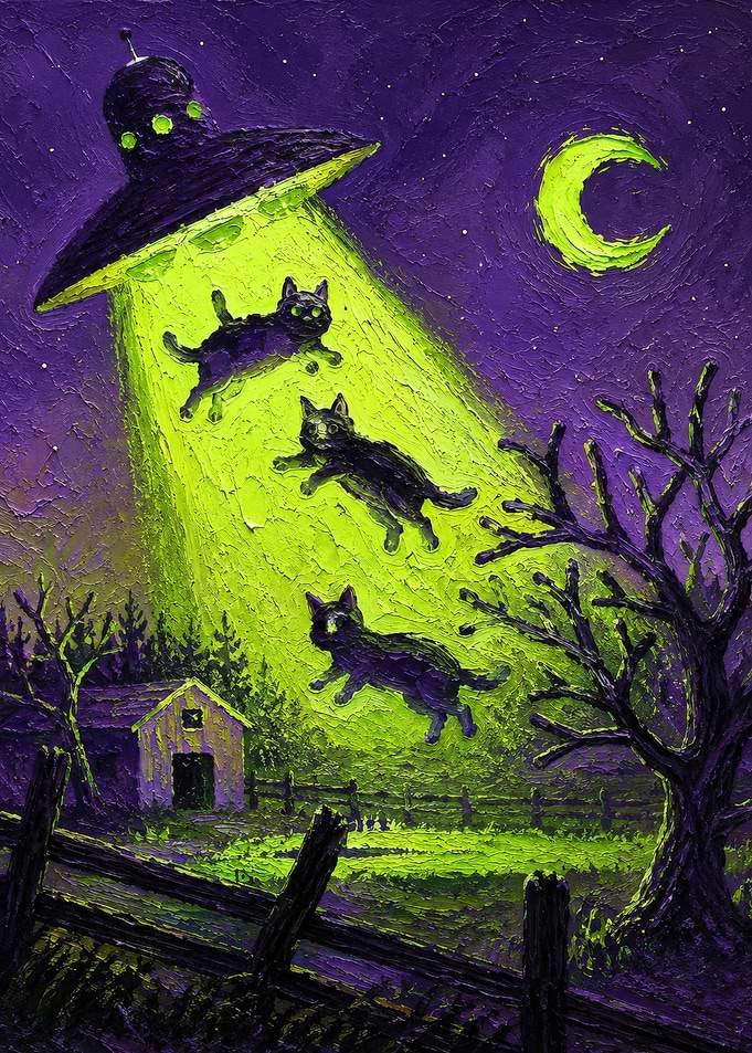 UFO Abducting Black Cats Painting