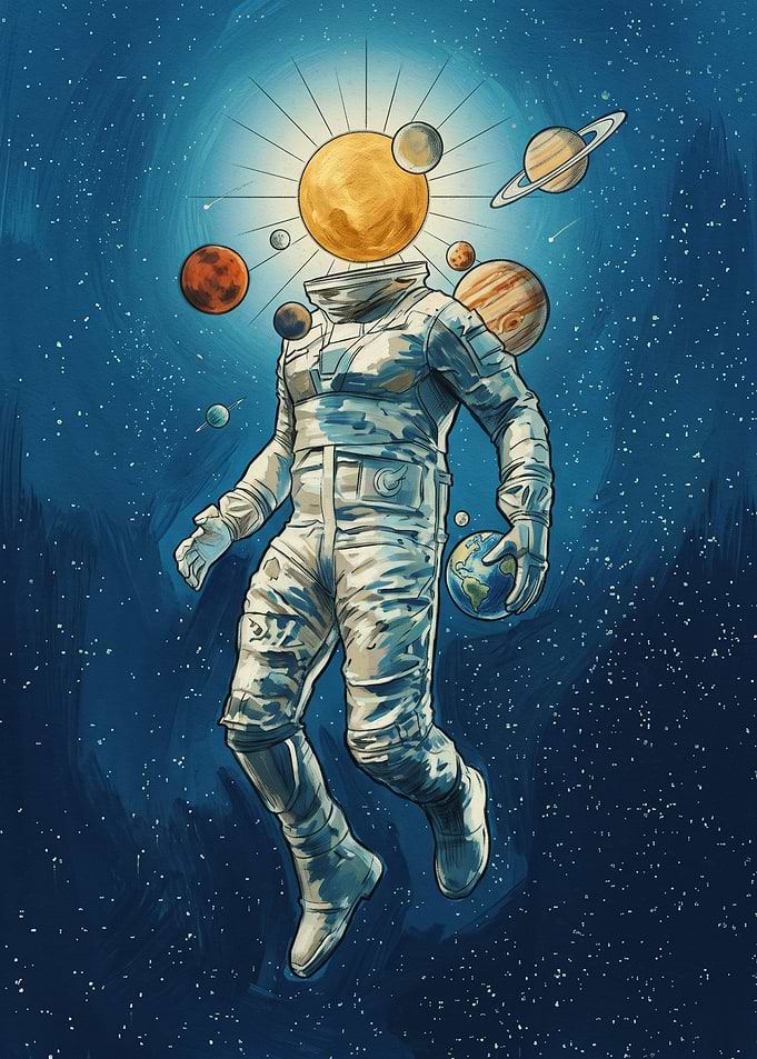 Astronaut with Sun Head in Space