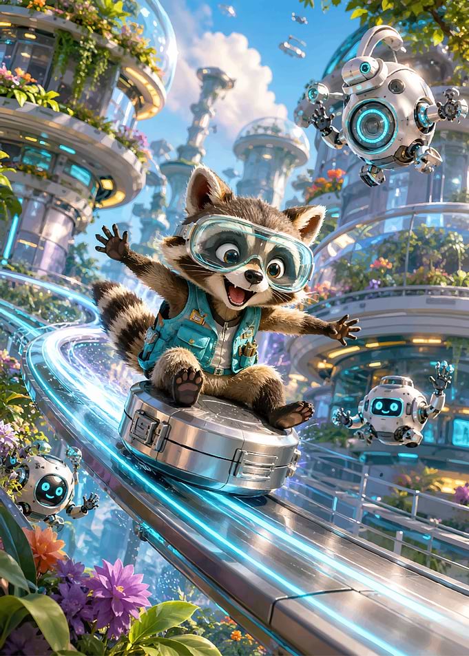 Raccoon Riding Hoverboard in Futuristic City