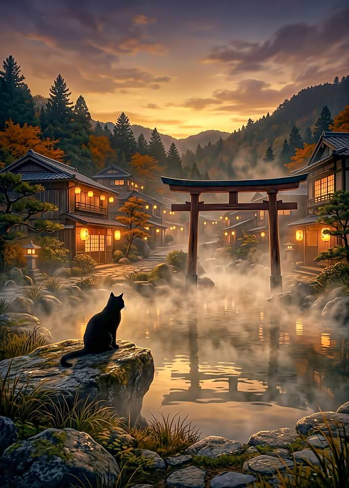 Black Cat at Misty Japanese Shrine