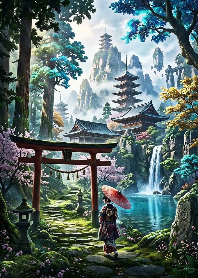 Woman in Kimono at Japanese Temple