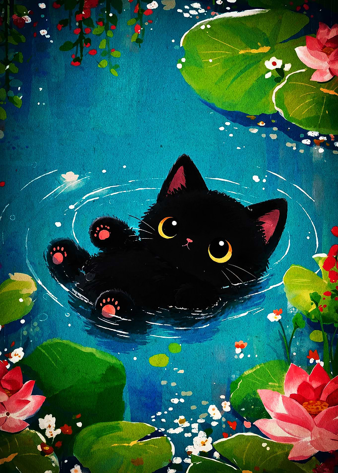 Cute Black Kitten Floating in Pond