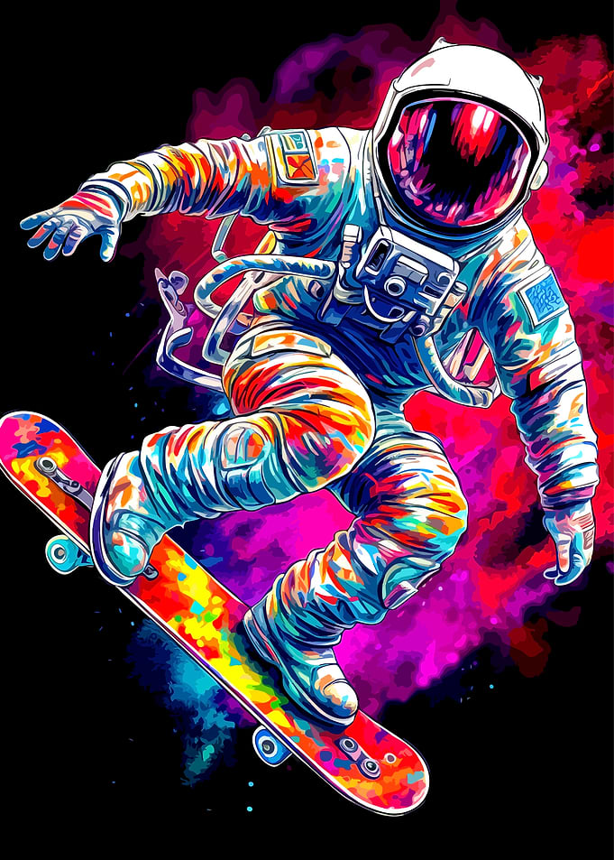 Colorful Astronaut Skateboarding in Space