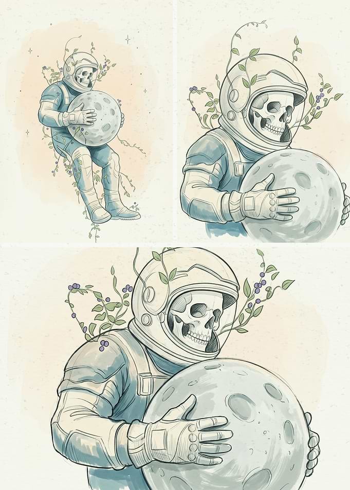 Skeleton Astronaut Holding the Moon
