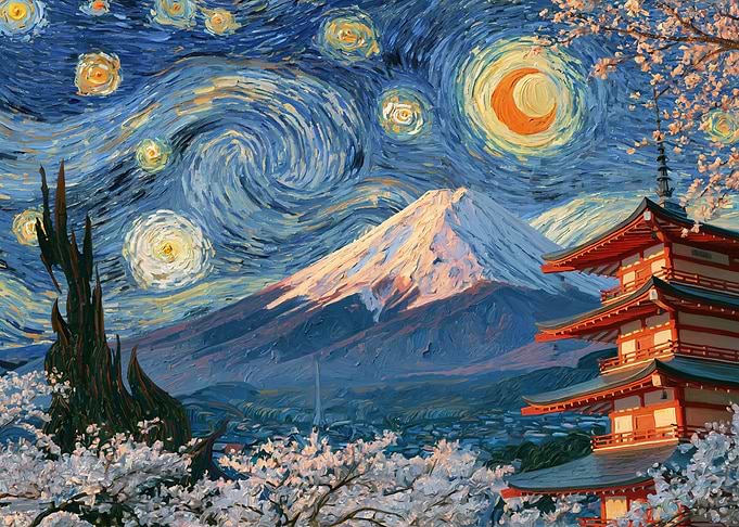 Mount Fuji and Pagoda Starry Night