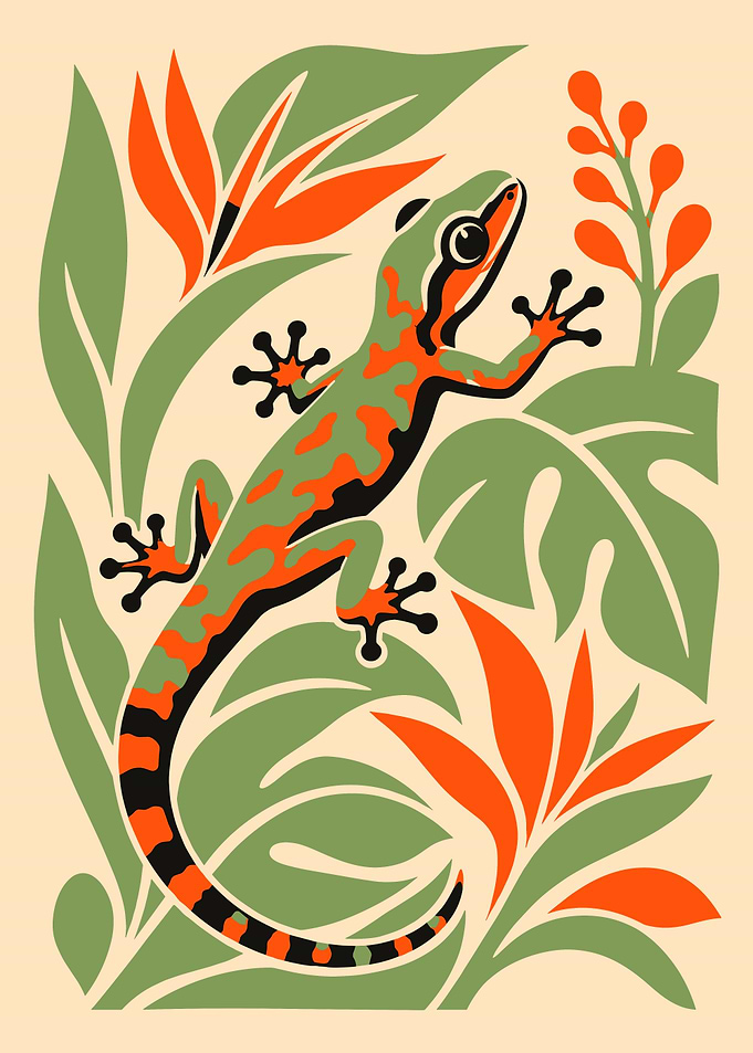 Stylized Gecko Among Tropical Foliage