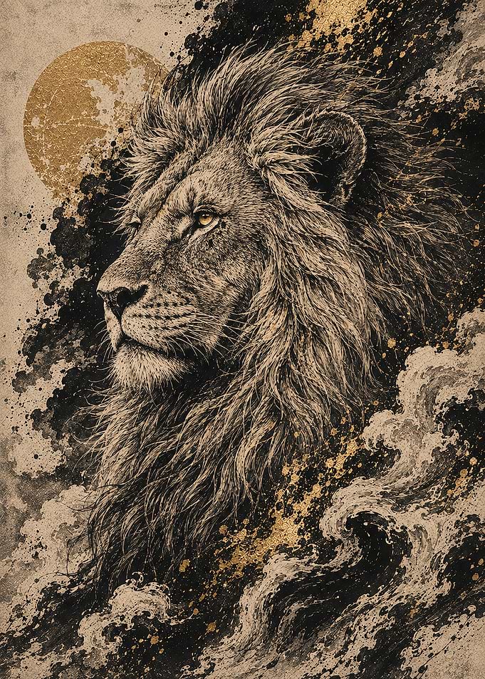 Majestic Lion in Golden Ink Tempest