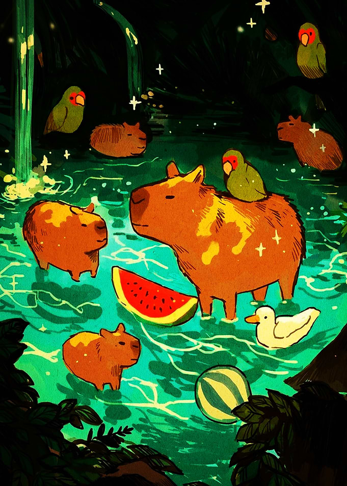 Capybaras Relaxing in Tropical Water