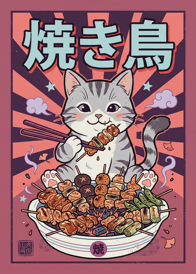Cute Cat Eating Yakitori Poster