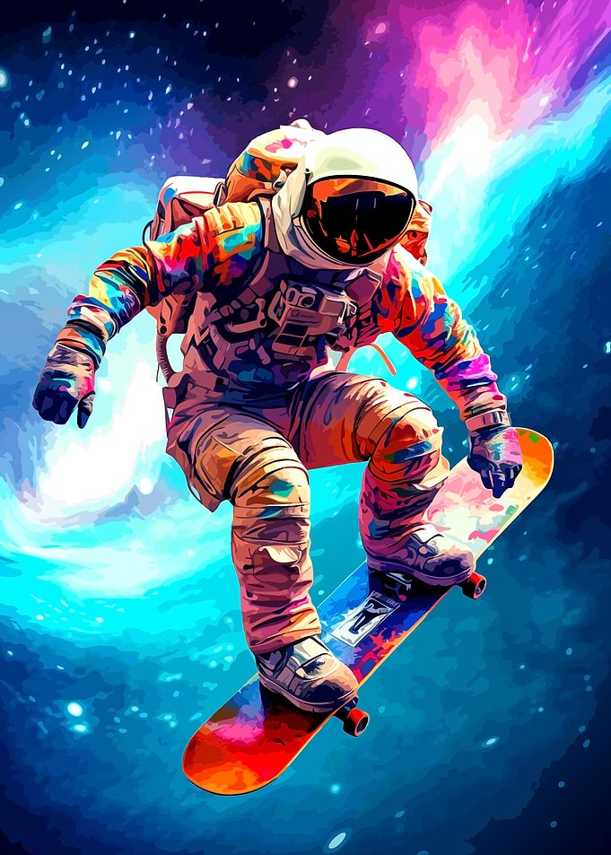 Astronaut Skateboarding Through Vibrant Space