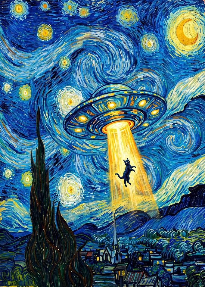 Black Cat Abducted by UFO Starry Night funny