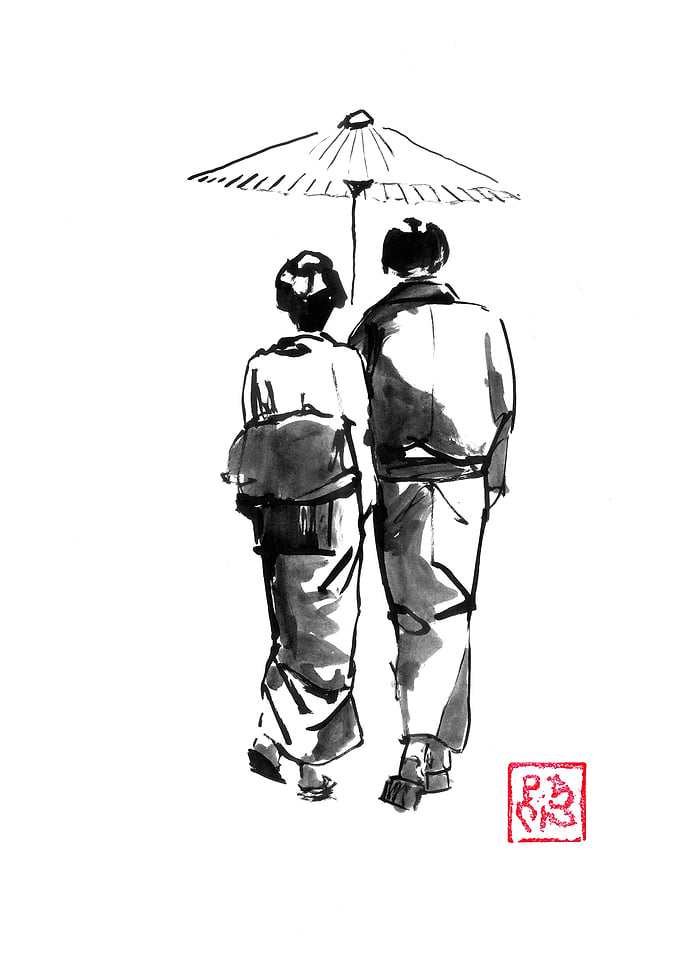 Ink Wash Painting of Japanese Couple