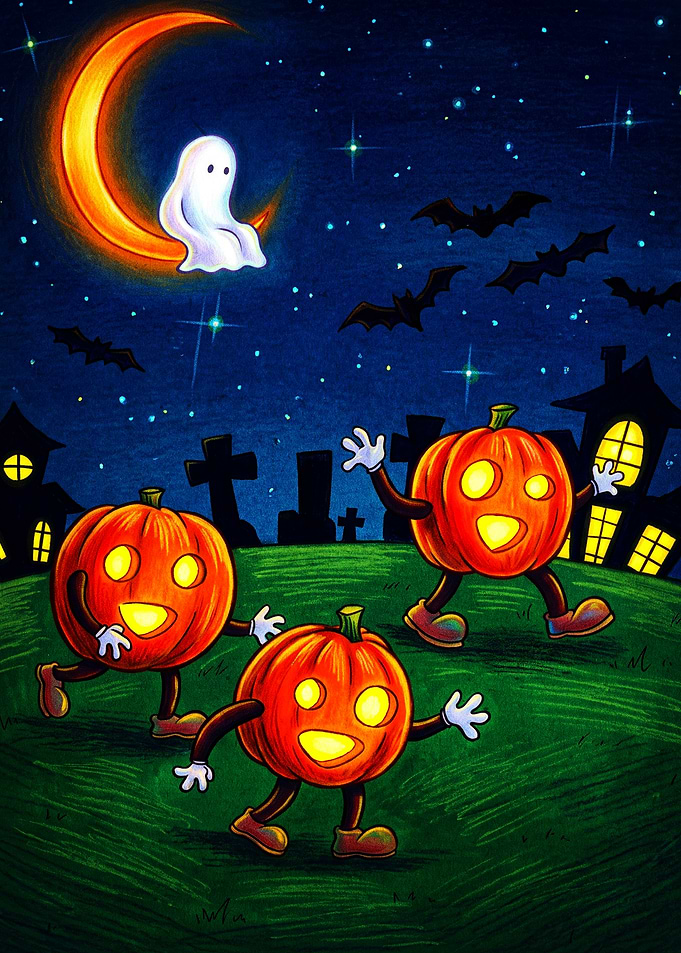 Cartoon Halloween Pumpkins and Ghost