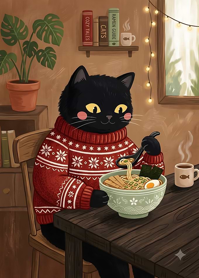 Cozy Black Cat Eating Ramen