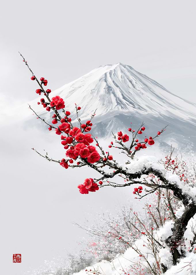 Mount Fuji with Red Plum Blossoms
