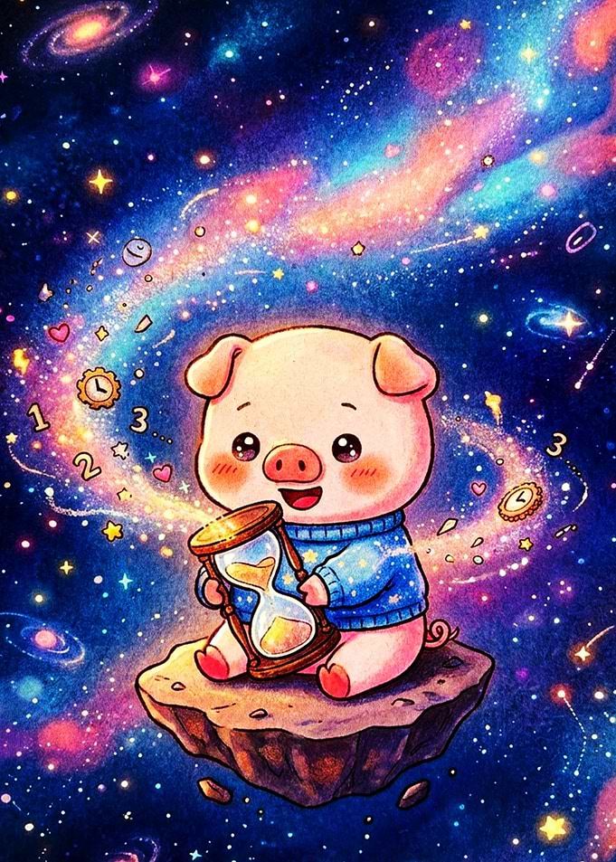Cute Piglet Holding Hourglass in Space