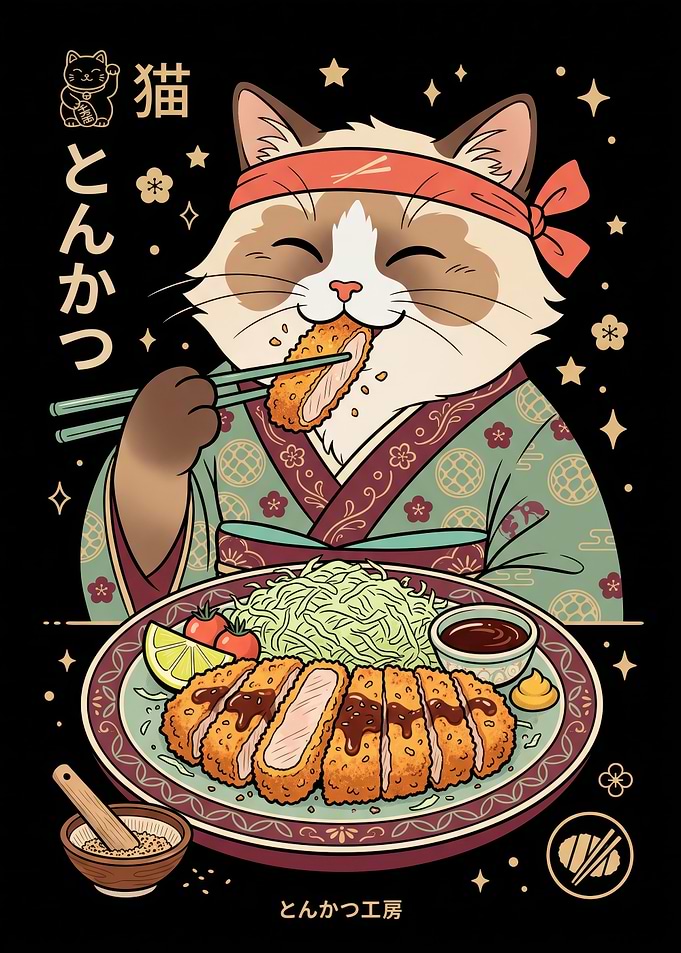 Cute Cat Eating Tonkatsu Illustration
