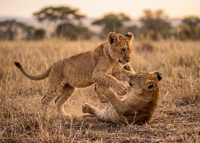 Two Lion Cubs Playing in Savanna