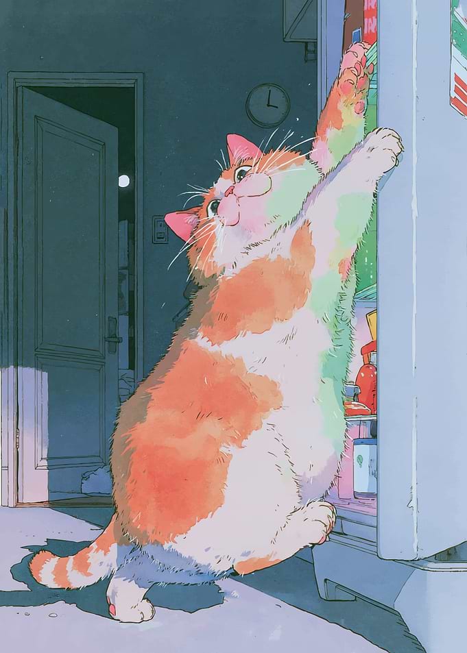 Chubby Cat Raiding the Refrigerator