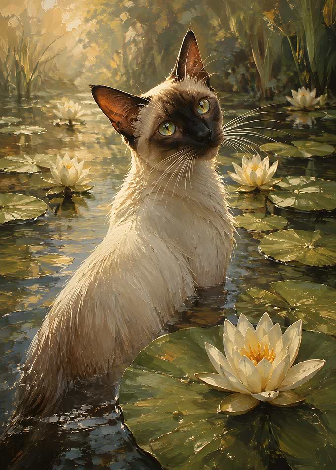 Siamese Cat in Water Lily Pond